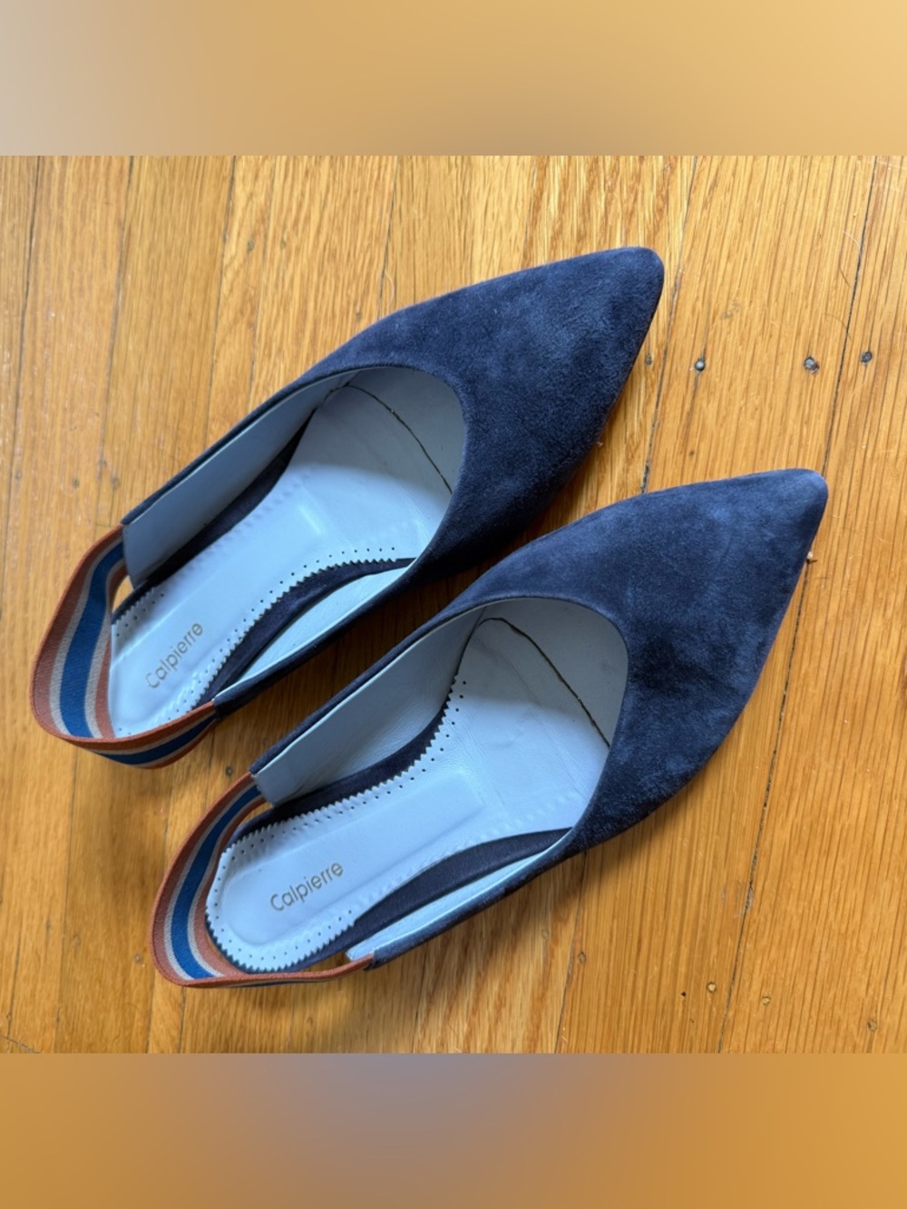 Calpierre Italian Navy Suede Pointed Slingback Flats with Striped Elastic
